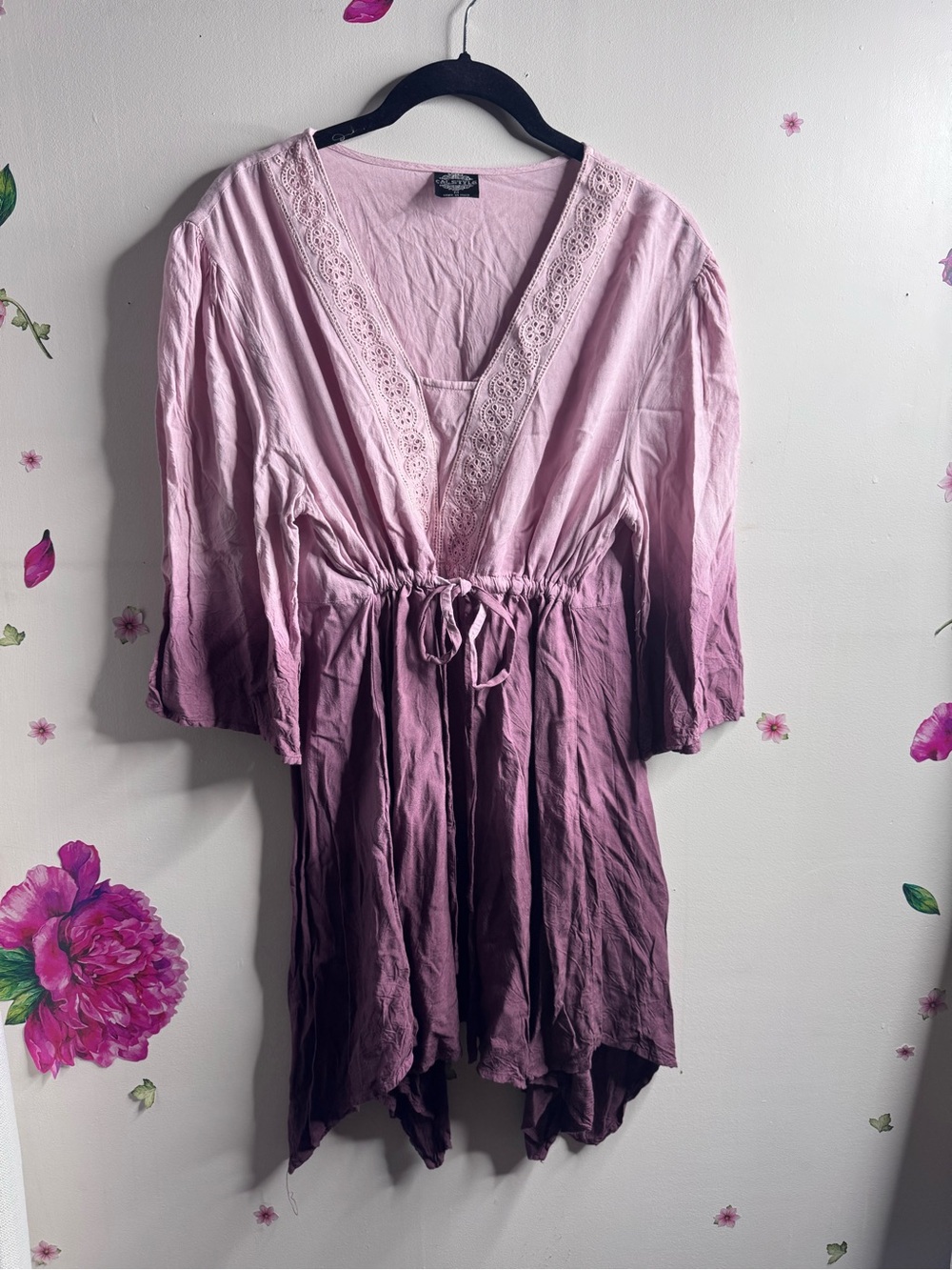 Calstyle Pink to Plum Ombre Lace-Trim Drawstring Tunic Dress